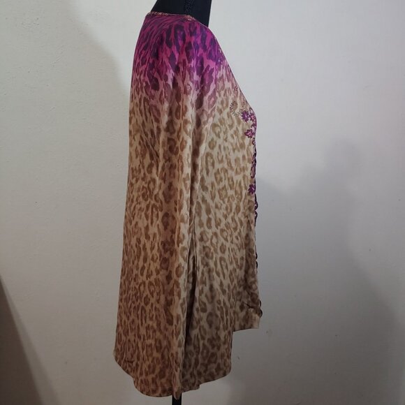 One World Cheetah Print Lace Long Sleeve Blouse Women Tunic - Picture 3 of 7